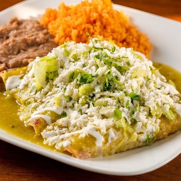Green enchiladas topped with cheese and lettuce, served with refried beans and orange rice.