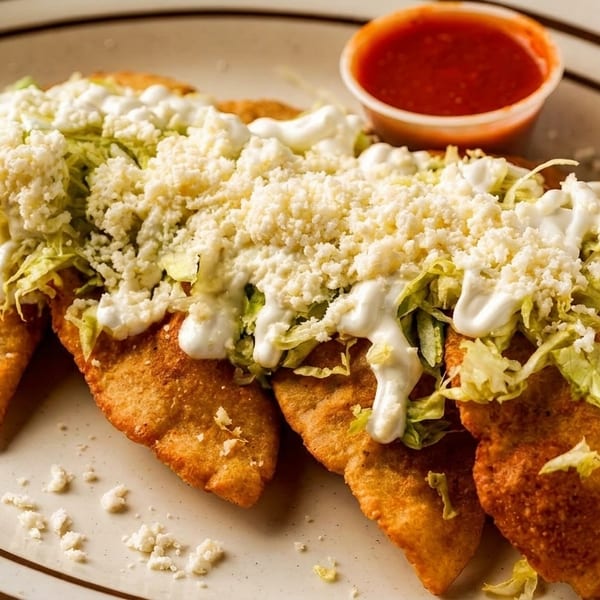 Four golden-fried empanadas topped with shredded lettuce, sour cream, and crumbled white cheese, with a side of red salsa.