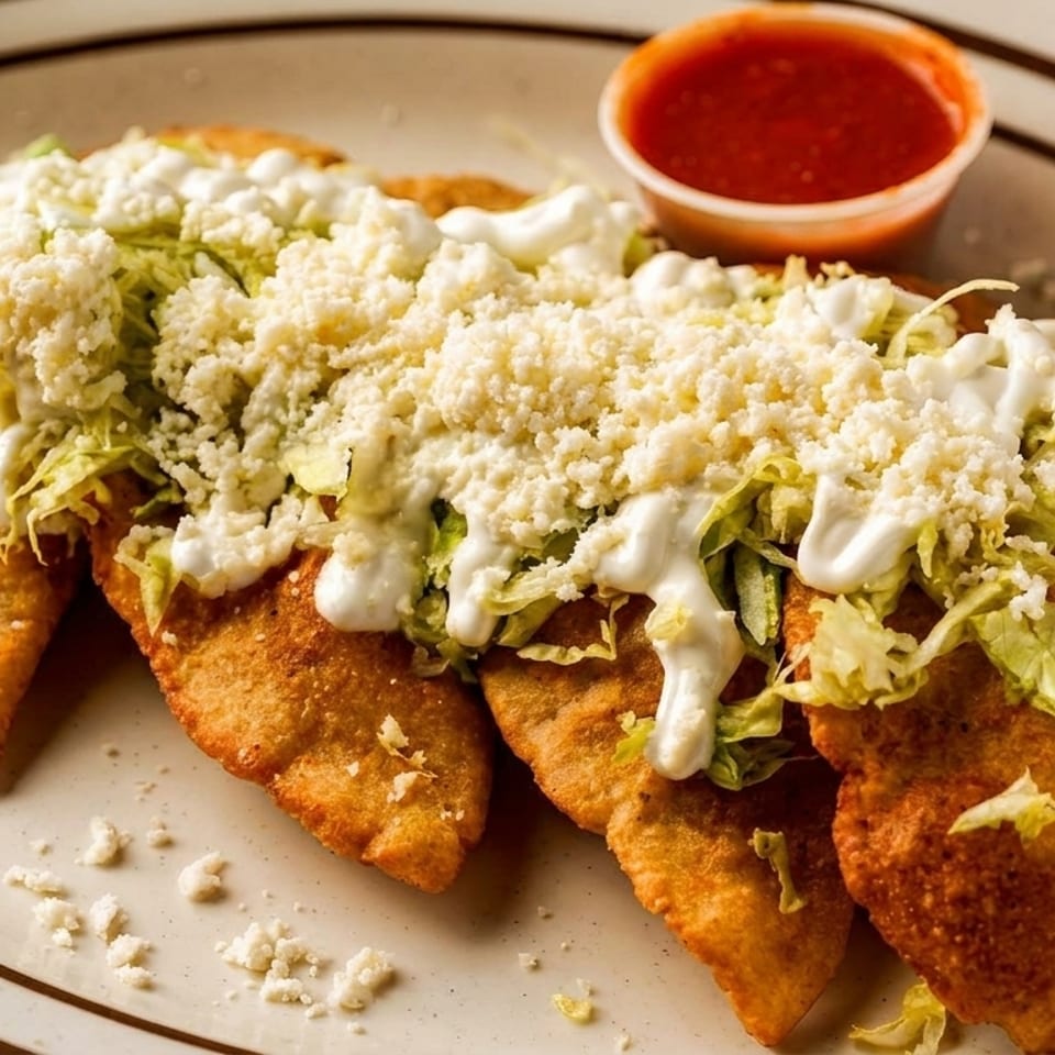 Four golden-fried empanadas topped with shredded lettuce, sour cream, and crumbled white cheese, with a side of red salsa.