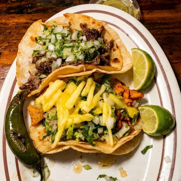 Two street tacos, one with fries, on a white plate with lime wedges and a charred jalapeño.