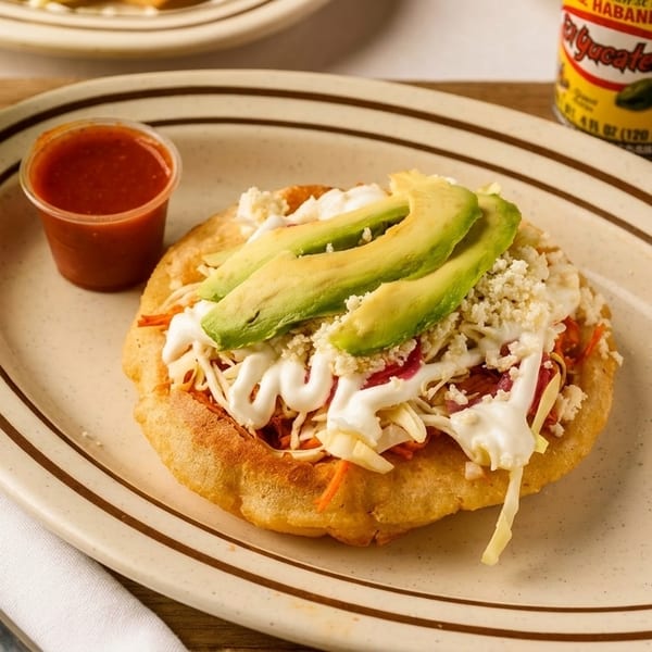 A Mexican sopes with avocado, cheese, and crema, served with salsa, Jarritos, and hot sauce.
