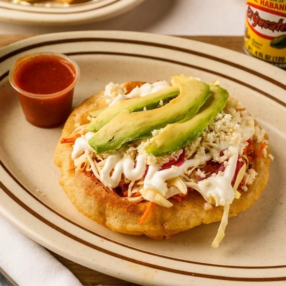 A Mexican sopes with avocado, cheese, and crema, served with salsa, Jarritos, and hot sauce.