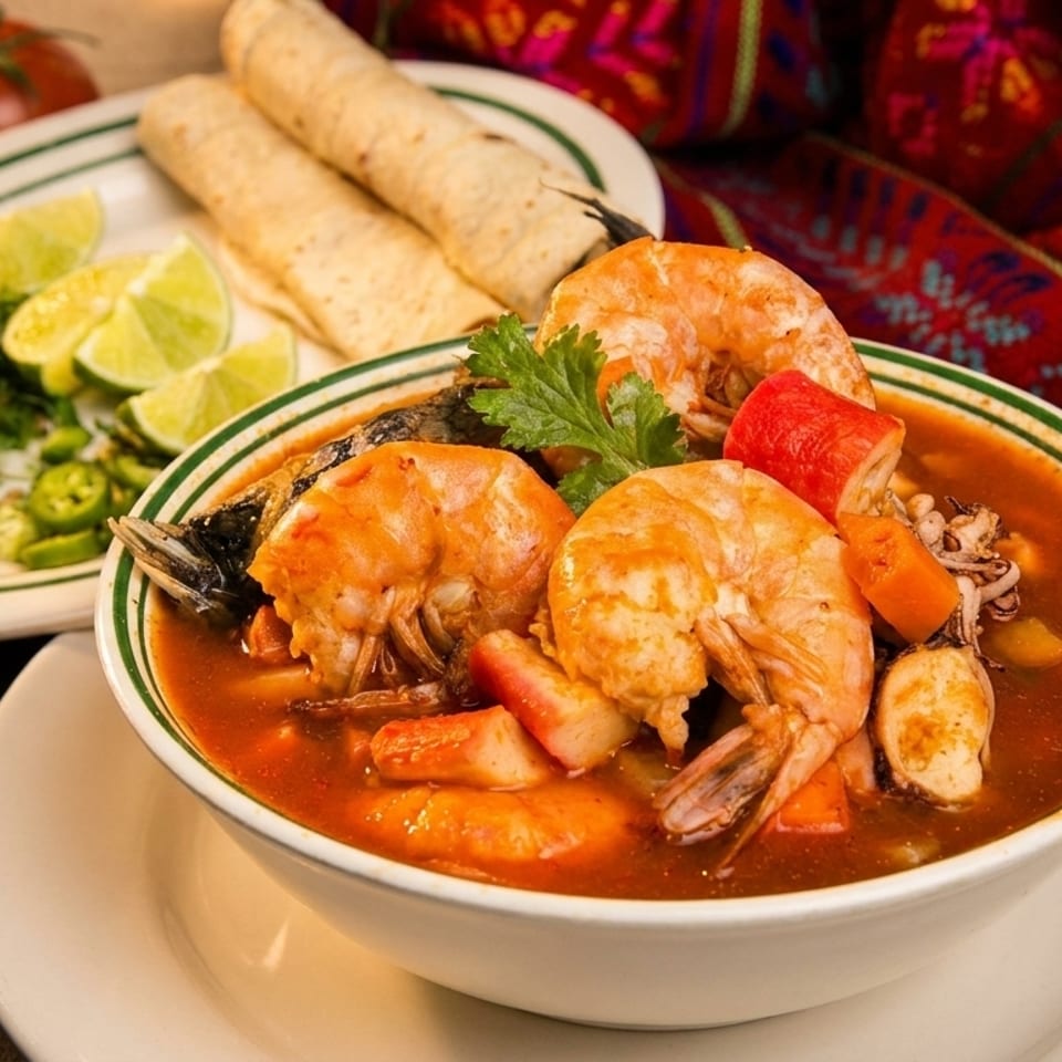 A bowl of shrimp and seafood soup with tortillas, salsa, and limes on the side.